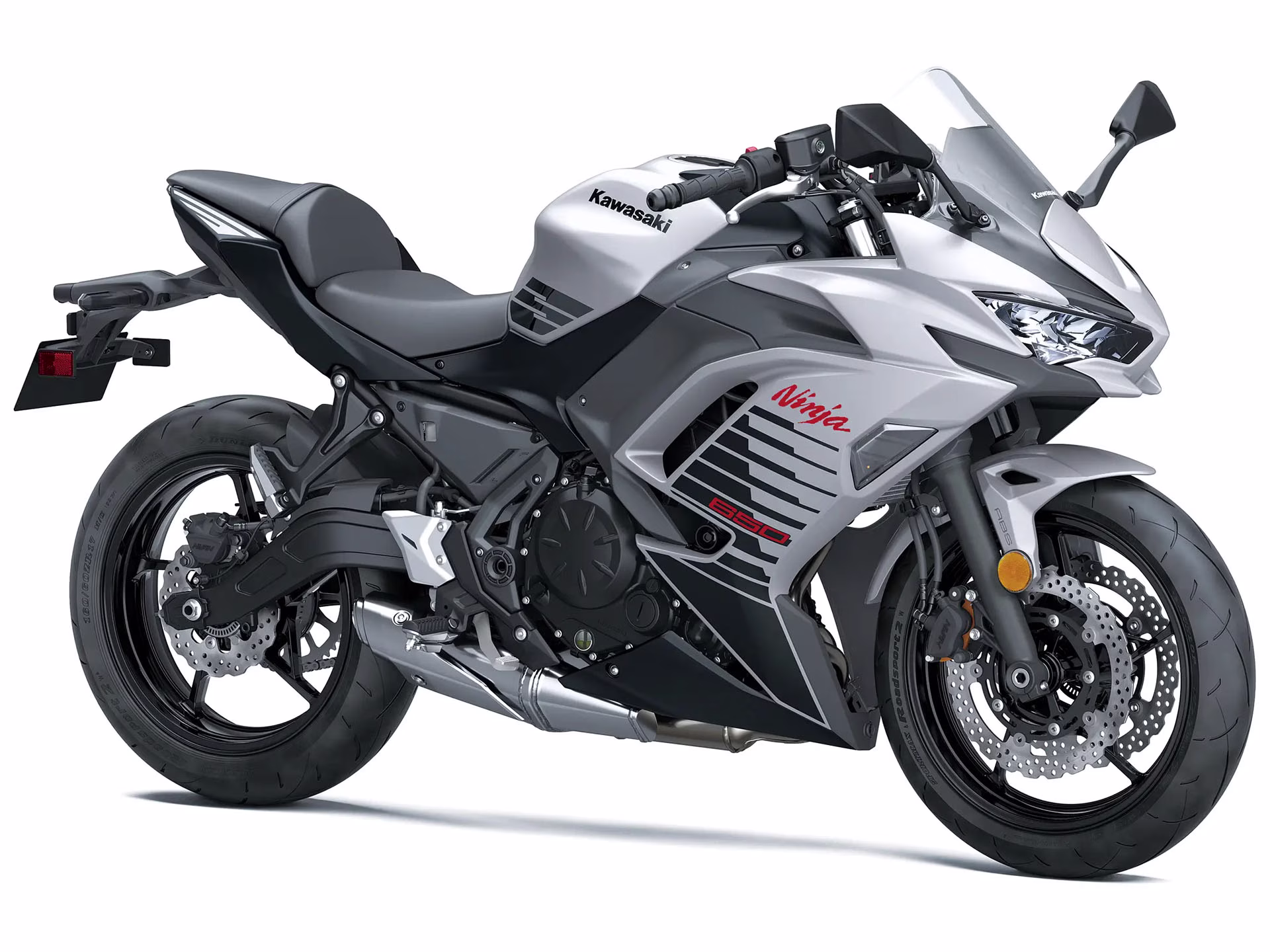 2026 Metallic Matte Whitish Silver / Metallic Flat Spark Black Kawasaki Ninja 650 ABS Motorcycle