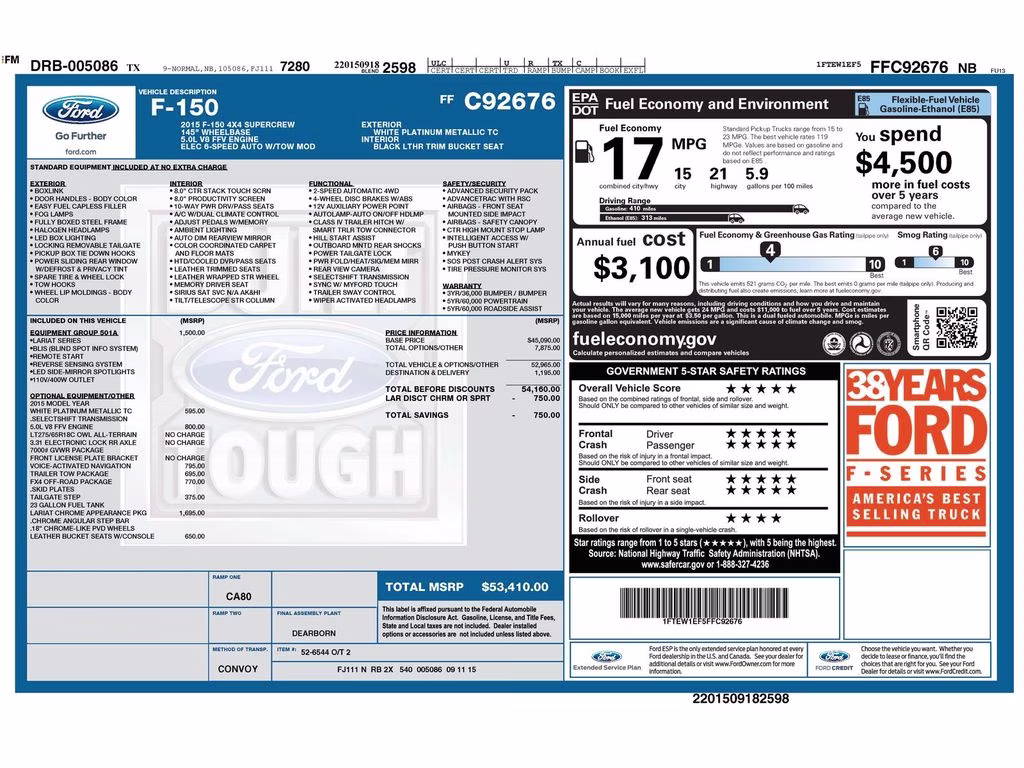 2015 WHITE PLATINUM METALLIC TRI-COAT Ford F-150 Lariat 4X4 Truck