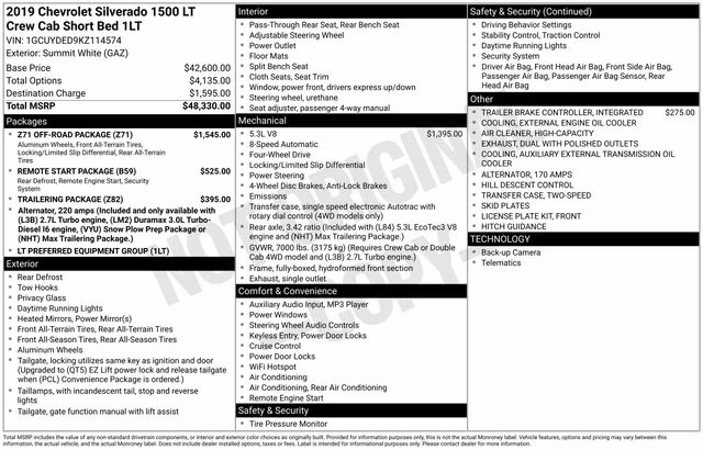 2019 Summit White Chevrolet Silverado 1500 LT 4X4 Truck