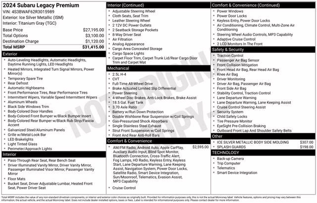 2024 Ice Silver Metallic Subaru Legacy Premium AWD Sedan